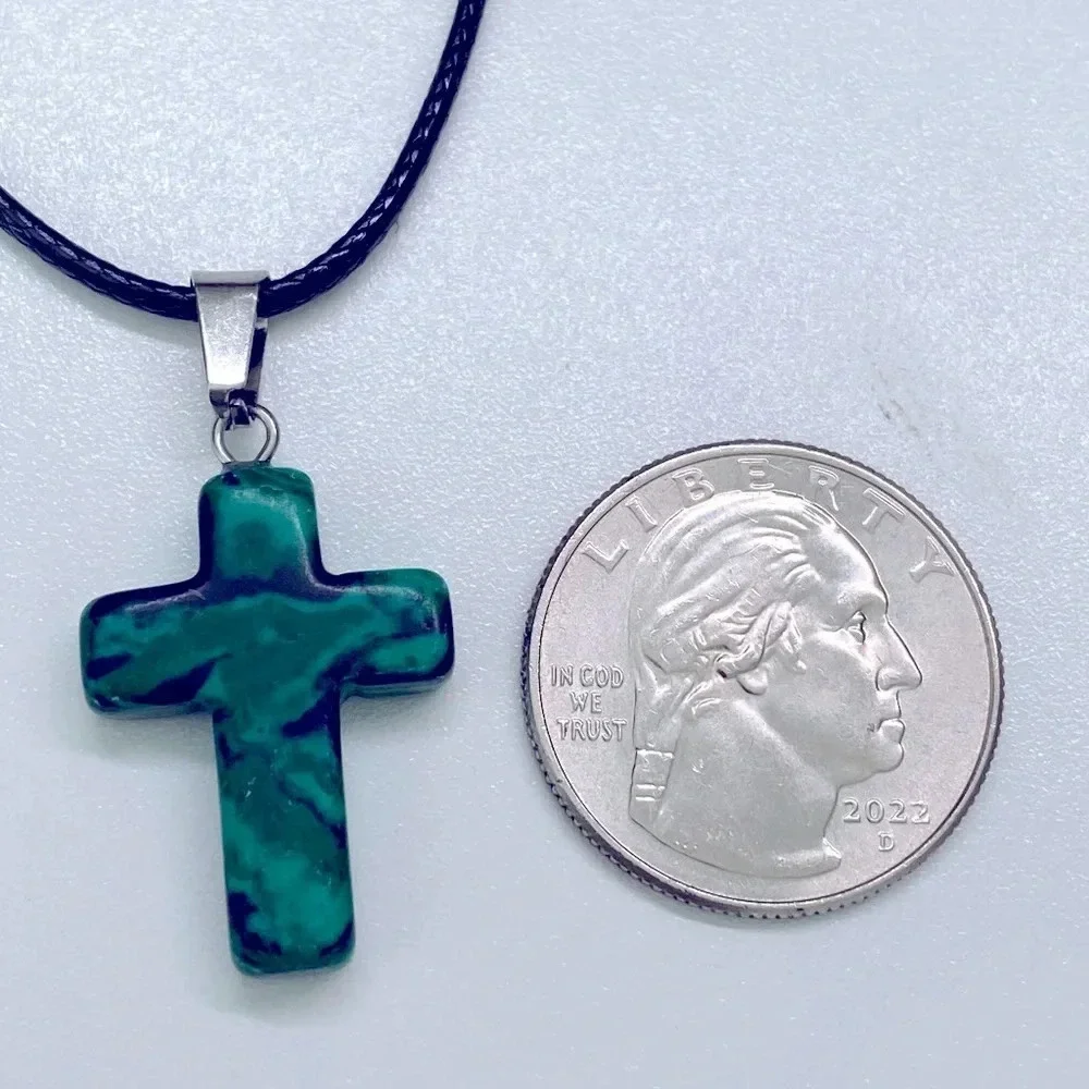 Malachite Cross Natural Braided Stainless Steel Necklace NWT